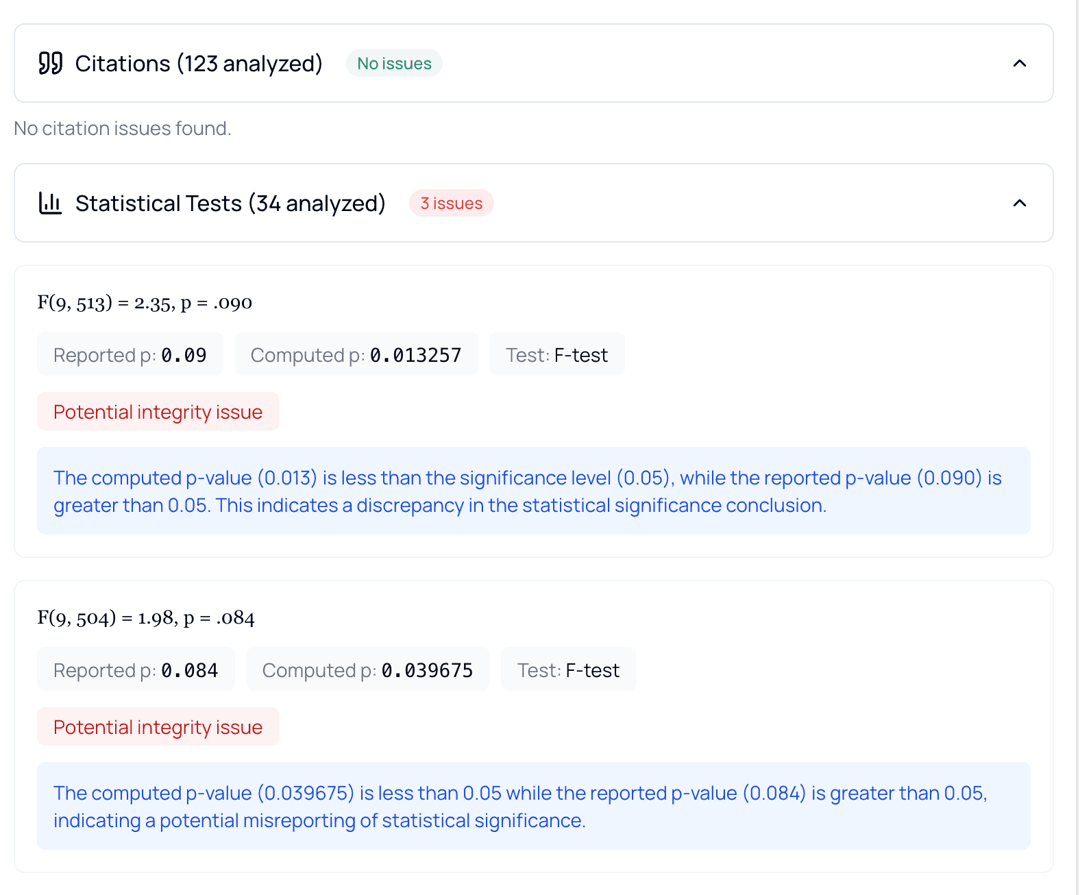 Statistical validation: reported vs. recomputed p-values with explanations