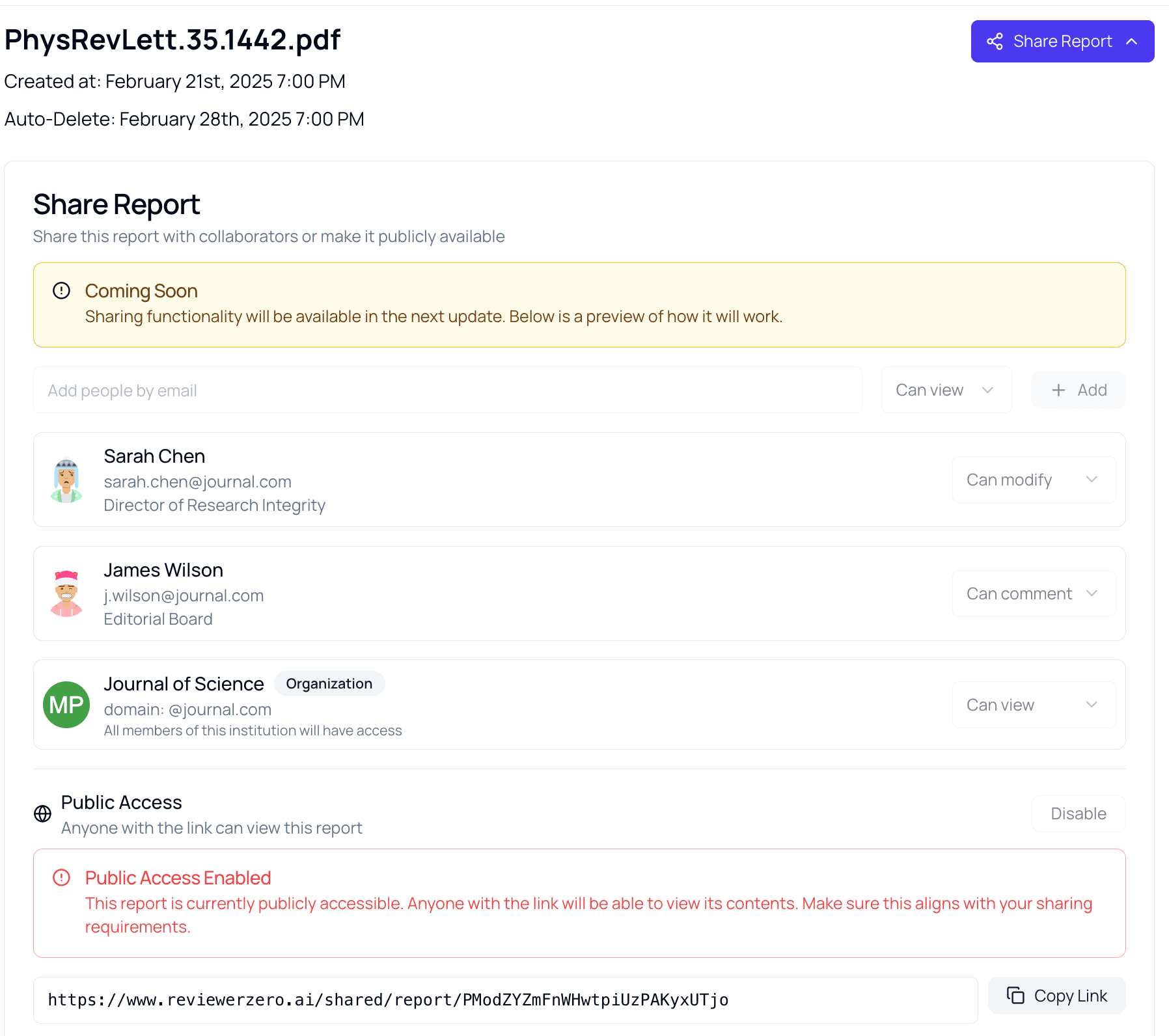 Result sharing interface