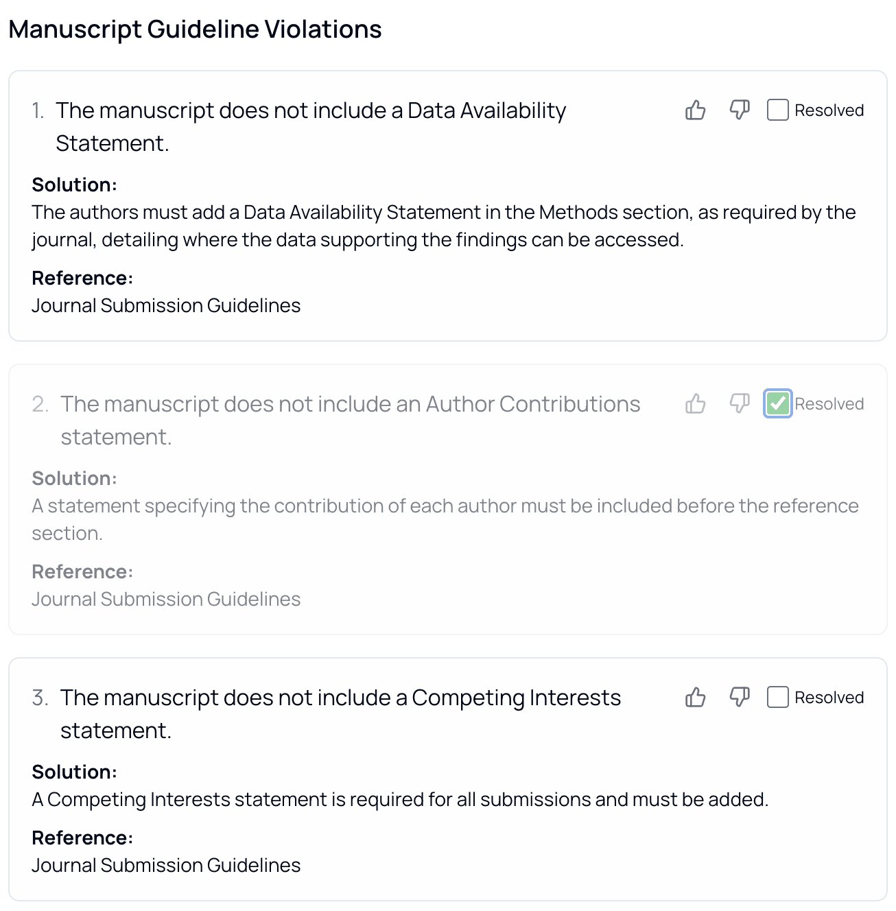 Journal guideline check violations display