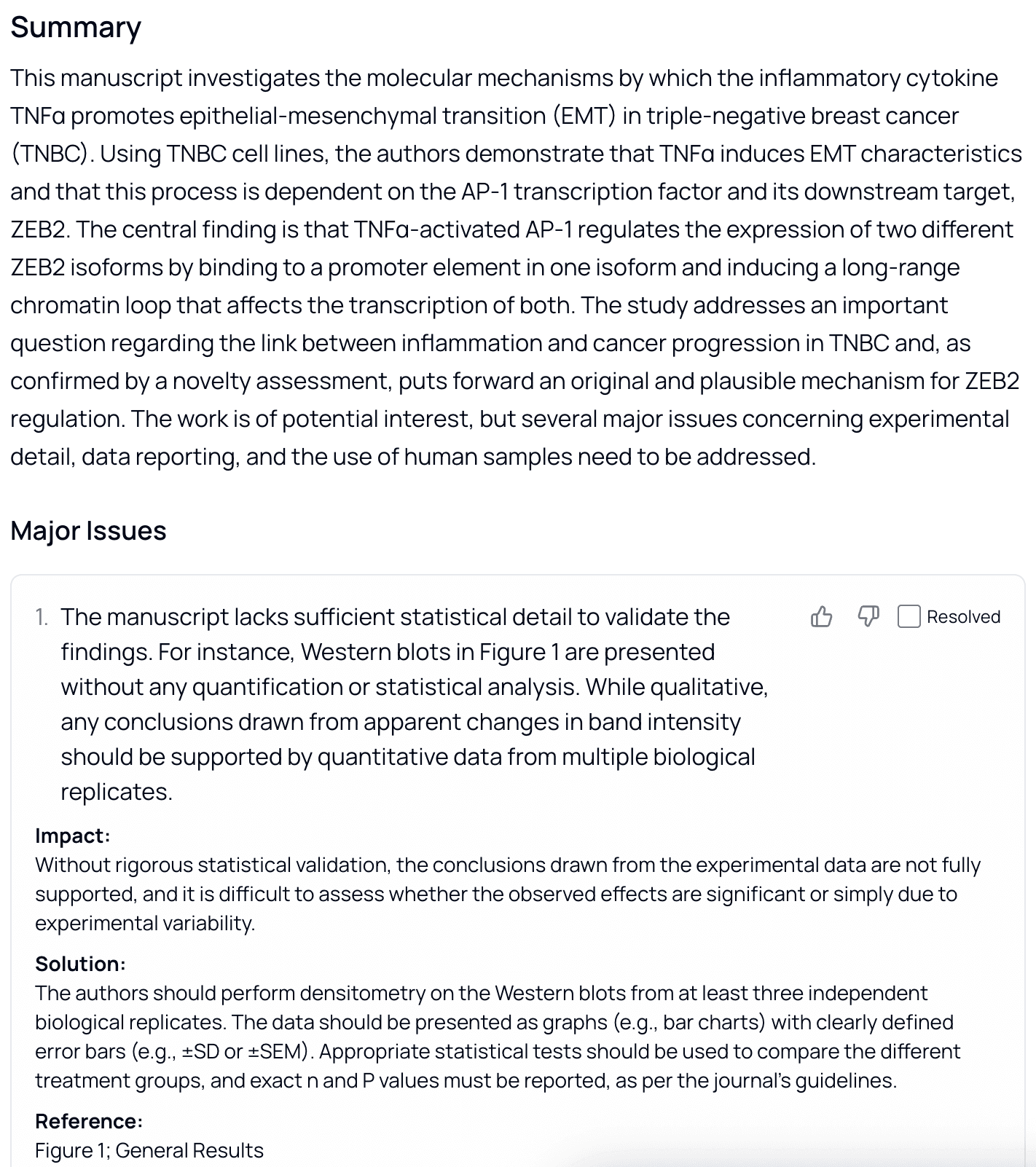 Structured review report with major and minor issues